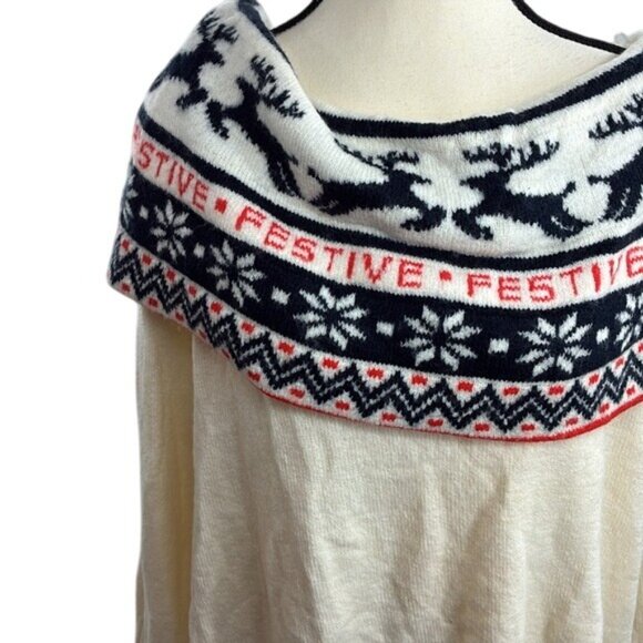 H&M Holiday Sweater Womens Size L Cream Cowl Neck Festive Reindeer Snowflake - Picture 3 of 7